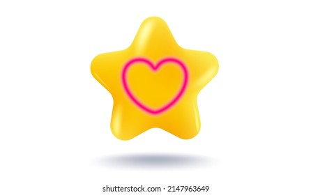 Vector icon of a yellow star with heart in 3D style. Achievements for games or customer rating feedback of website. Vector illustration of a star with pink heart in realistic 3d style.