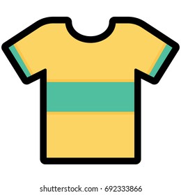 Vector Icon of a yellow t-shirt with green widht stripe for men or women in flat style. Pixel perfect. Business and office look. For shops and stores 