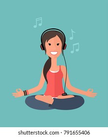 vector Icon yoga girl sitting in lotus pose. A woman meditates and listens to music on headphones.