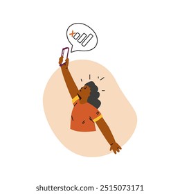 Vector icon of a young girl traveler with a phone in her hands, experiencing the loss of GPS. A feeling of unhappiness and confusion during her journey.