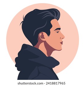 Icono vector del avatar de un joven para una red social. Vista lateral del retrato de un hombre. Ilustración plana vectorial sobre fondo de color pastel. Estilo sencillo.