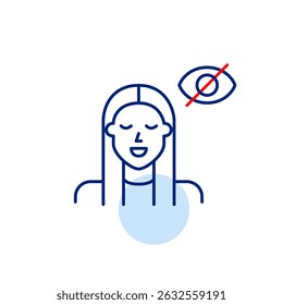 Vector icon of young woman with crossed-out eye, symbolizing hidden identity, private profile, or invisible status. Ideal for social apps, privacy settings, user interfaces