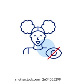 Vector icon of young woman with crossed-out eye, symbolizing hidden identity, private profile, or invisible status. Ideal for social apps, privacy settings, and user interfaces