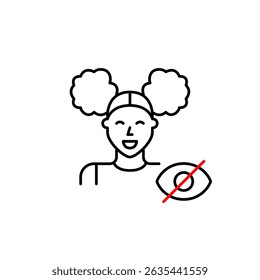 Vector icon of young woman with crossed-out eye, symbolizing hidden identity, private profile, or invisible status. Ideal for social apps, privacy settings, user interfaces