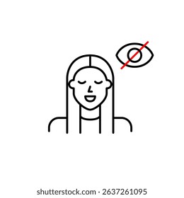 Vector icon of young woman with crossed-out eye, symbolizing hidden identity, private profile, or invisible status. Ideal for social apps, privacy settings, and user interfaces