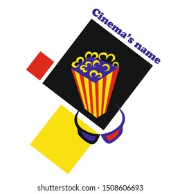 Vector icon for your cinema's name. Cinema logo with stylized glasses and popcorn in red, yellow, violet and black colors. Icon for movie theater.  