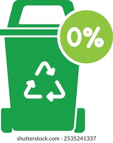 Ícone vetorial de zero desperdício. Bandeja de reciclagem verde com símbolo de 0%, representando redução de resíduos e vida ecoconsciente.