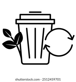 Vector icon for Zero Waste. Illustrates a waste bin with recycling arrows and plant leaves, representing zero waste practices in a black and white style.