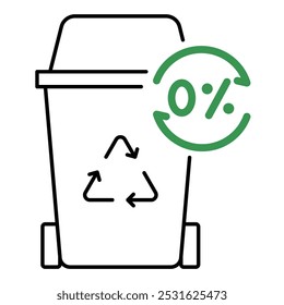 Icono de Vector de basura de basura cero con el símbolo de reciclaje verde. Un dibujo de línea de un cubo de basura con un logotipo de reciclaje verde, que simboliza cero residuos y gestión de residuos ecológica.