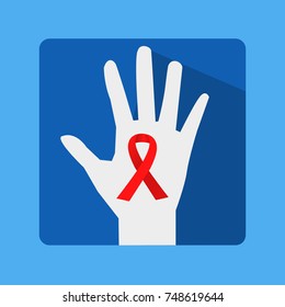  Vector icon.Aids Awareness Red Ribbon. Hand are reaching for a red ribbon. World AIDS day. Flat design 