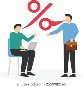 Vector IconEmpresarios hablando del porcentaje de comisiones. Ilustración vectorial moderna en estilo plano

