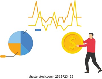 Vetor IconBusinessman carrega uma pilha de moedas. Lucro mensal estável, economizando dinheiro. Crescimento financeiro, ganhos, conceito de aumento salarial. Ilustração vetorial, estilo plano.


