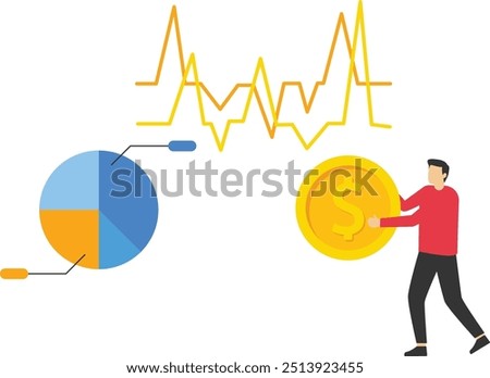 Vector IconBusinessman carry stack of coins. Stable month profit, saving money. Financial growth, earnings, salary increase concept. Vector illustration, flat style.

