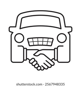 Vector Iconic image of a car with two hands shaking hands, symbolizing a deal, cooperation or deal related to the automotive industry. Isolated on white background