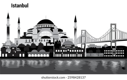 A vector of Istanbul’s iconic skyline, showcasing the Hagia Sophia and Bosphorus Bridge in elegant silhouette. Ideal for branding, travel posters, presentations, and digital projects. Fully editable