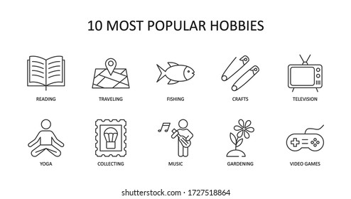 Vector icons of 10 most popular hobbies. Editable Stroke. Reading, traveling, fishing, craft, television, yoga, stamp collecting, music and singing, gardening, video games