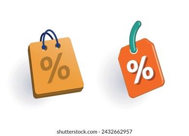 Vector icons of 3D paper bag and discount label for online store