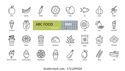 Vector icons the ABC's of food. Editable Stroke. Food in alphabetical order. Vegetables, fruits, fast food, sweets, fish, cocktail, bread, honey and jam