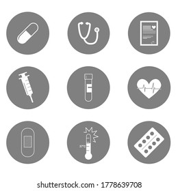 Iconos vectores sobre la medicina. Colores grises y blancos. Píldora, estetoscopio, jeringas, corazón, cardiograma, comprimidos, termómetro, parche, tubo de ensayo, receta.  Para sitio web, banners, print, botones, logotipo