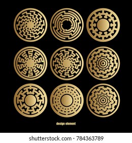Vector icons. Abstract patterns for monograms, logos, symbols, corporate identity. Art illustration templates with elements of geometry. Print gold foil on black background.