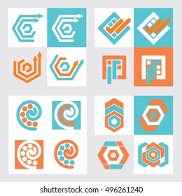Vector Icons With Abstract Shapes. Orange and Turquoise colors. Set of simple images and characters. 