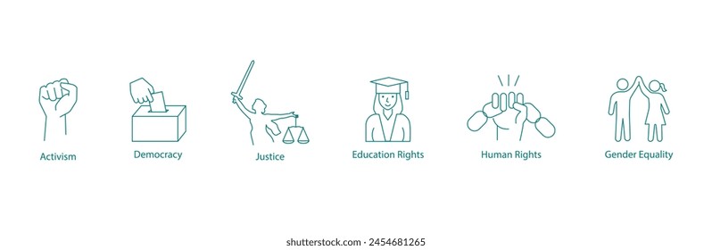 Vector Icons: Advocating for Activism, Democracy, Justice, Educational Rights, Human Rights, and Gender Equality