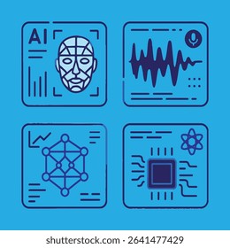 Vector icons of AI HUDs—face recognition, voice waveforms, neural networks, quantum chips. Vibrant tech palette, clean white backdrop. Perfect for futuristic designs.