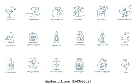 Vector Icons for Alcohol-Free, Hypoallergenic, Vegan, Long-Lasting, Eco-Friendly, and Travel-Friendly Fragrances