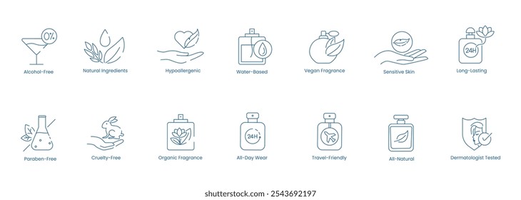 Vector Icons for Alcohol-Free, Natural Ingredients, Hypoallergenic, Water-Based, Vegan Fragrance, Sensitive Skin, Long-Lasting, Paraben-Free, Cruelty-Free, Organic Fragrance, All-Day Wear 