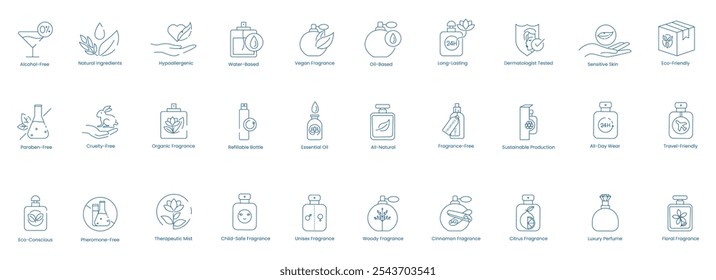 Vector Icons for Alcohol-Free, Natural Ingredients, Hypoallergenic, Water-Based, Vegan Fragrance, Oil-Based, Long-Lasting, Dermatologically Tested, Sensitive Skin, Eco-Friendly, Paraben-Free 