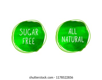 Vector Icons: All Natural and Sugar Free, Healthy Products Concept, Drawn Green Circles on White Background.