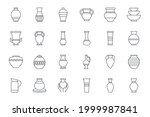 Vector icons amphora, vase, pottery. Editable stroke. Ancient and modern tableware, ceramic bottle, museum piece, Greek art. Line set