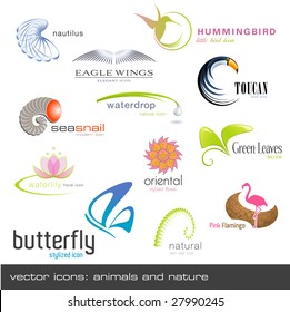 vector icons: animals and nature, 12 pieces