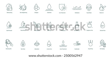 Vector Icons for Anti-Aging and Skin Care: Moisturizing, Brightening, and Treatment Solutions