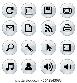 ícones de vetor para aplicativos, sites e design de interface do usuário. Inclui telefone, email, ferramentas, reprodução, pausa e muito mais. Perfeito para interfaces digitais modernas e aplicativos móveis.