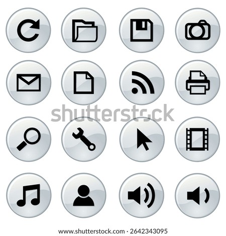 vector icons for apps, websites, and UI design. Includes phone, email, tools, play, pause, and more. Perfect for modern digital interfaces and mobile applications.