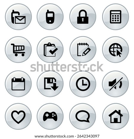 vector icons for apps, websites, and UI design. Includes phone, email, tools, play, pause, and more. Perfect for modern digital interfaces and mobile applications.