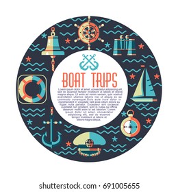 Vector icons arranged in a circle. The concept of Maritime. Riding on a sailing yacht. Anchor, compass, binoculars, ship's wheel, ship bell, captain's cap, lifebuoy.