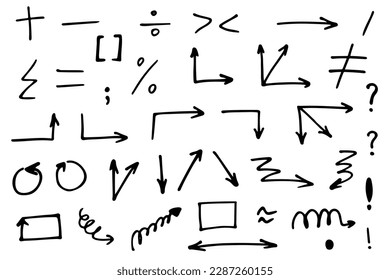Iconos vectores: flechas, signos matemáticos y otros elementos de diseño. El conjunto se dibuja a mano de manera descuidada. Elementos para infografías, negocios, oficina.