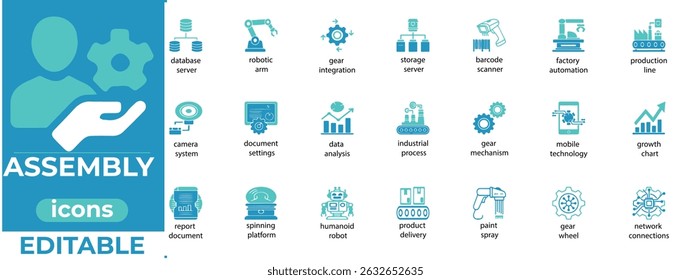 Ícones vetoriais para montagem, fabricação, maquinário e produção

