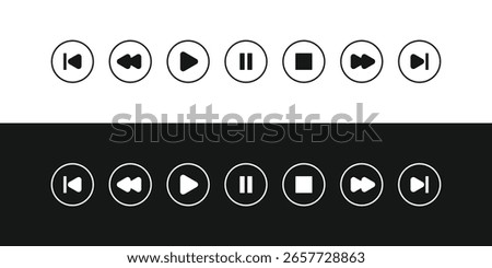 Vector icons for audiovideo players. Includes skip, rewind, play, pause, stop, and fast forward. Perfect for applications