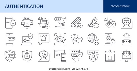 Autenticação de ícones de vetor. Símbolos de registro, senha, 2FA, OTP. Receba SMS, confirmação por email, notificação por push. Conta segura, acesso a impressões digitais, biometria. Conjunto fino de traçado editável