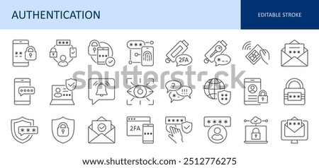 Vector icons authentication. Symbols of registration, password, 2FA, OTP. Receive sms, email confirmation, push notification. Secure account, fingerprint access, biometrics. Editable stroke thin set