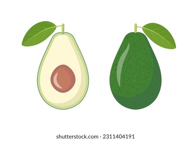 Iconos vectores de aguacate entero y en la sección. Comida orgánica, comida saludable.