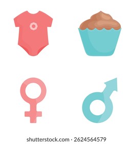Vector icons of a baby onesie, chocolate cupcake, and male and female gender symbols