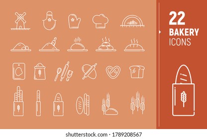 Vector icons of bakery products, bread, flour, dough. Polygonal icons. Icons in flat style