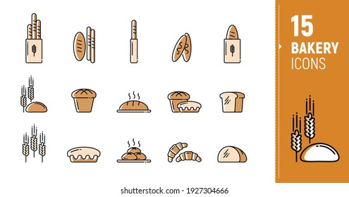 Vector icons of bakery products, bread, baguettes, rye, loaves. Polygonal icons. Icons in a flat style.