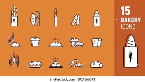 Vector icons of bakery products, bread, baguettes, rye, grain bread, wheat, loaves. Polygonal icons. Icons in a flat style.