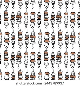Vector icons of barbecue, firewood, kebab, appliances, seamless pattern or background
