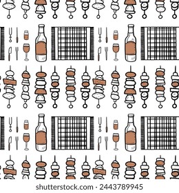 Vector icons of barbecue, firewood, kebab, appliances, seamless pattern or background